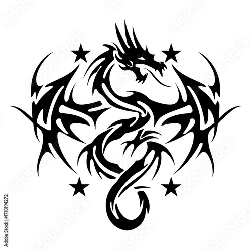 A fierce dragon tattoo design in black and white vector illustration,