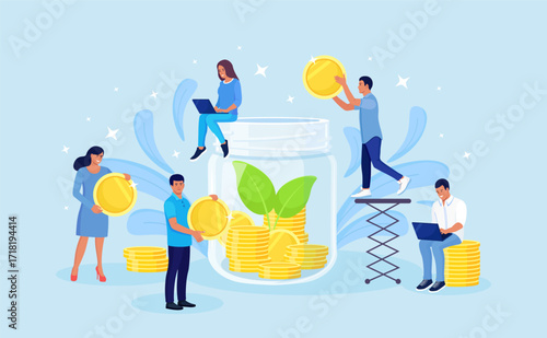 Volunteers giving money. Donation, charity, support concept. Tiny characters throw coins into huge glass jar for donate. People make savings, collecting currency in account, open bank deposit