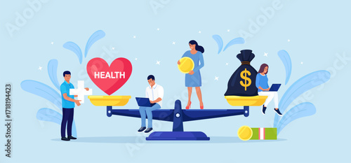 Money and health balance. Healthcare, wealth earning on scales. Stack of cash versus red heart on scale. Imbalance of lifestyle and work. Tiny people compare business stress and healthy life