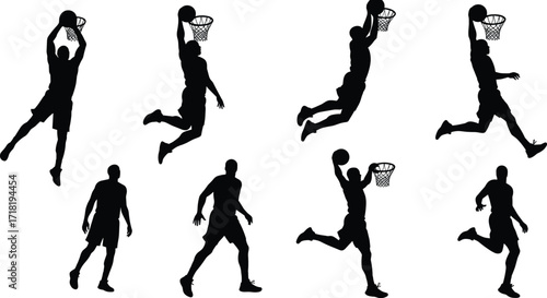 Collection of male basketball player silhouettes, showcasing dynamic dunks and shots, ideal for sports, action, and athletic themes.