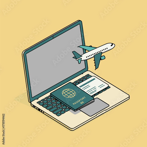 Online Travel Booking with Laptop, Passport, and Airplane Illustration