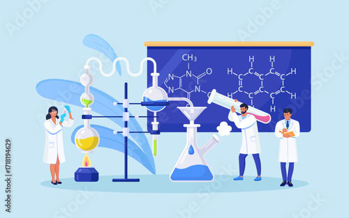 Scientists conducting scientific research, analysis and tests of vaccines. Biochemical science laboratory staff performing various experiments. Developments and discoveries in microbiology, chemistry