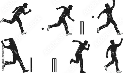 Cricket bowler and batsman silhouette collection, showcasing various action poses on a white background, perfect for sports themes.