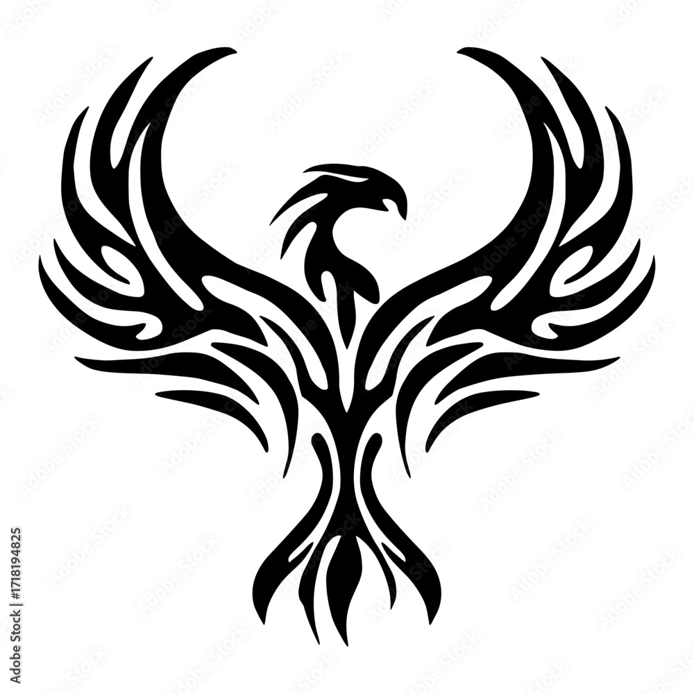 Obraz premium A striking tribal eagle design with outstretched wings, featuring bold black and white lines, minimal shading,