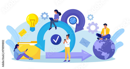 Scrum Framework concept. Scrum process diagram as agile software development scheme. Team discussing tasks at Kanban board and working on laptop. Business meeting. Project management work cycle