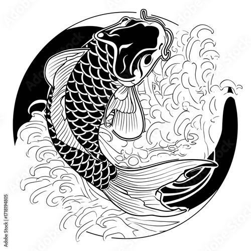 A detailed black and white tattoo design featuring a graceful koi fish with intricate patterns, flowing water elements,