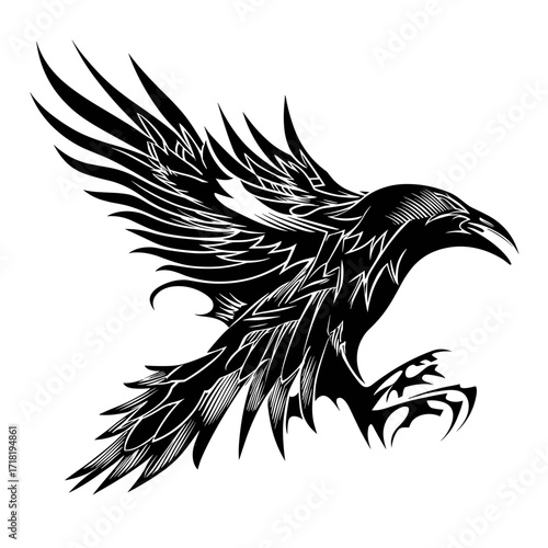 A detailed black and white raven tattoo design with outstretched wings, featuring intricate line work and bold contrast,