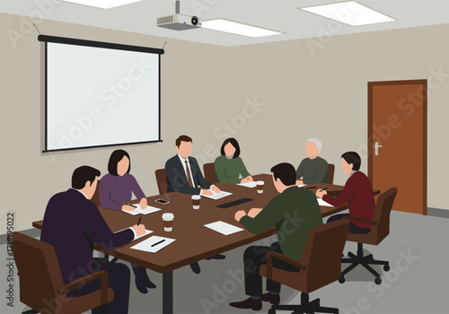 Business meeting in modern office, teamwork collaboration, corporate strategy planning, professional discussion around conference table, executive brainstorming session, workplace 