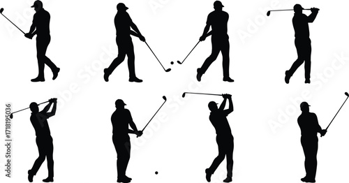 Collection of male golf player silhouettes, showcasing various swings and poses, ideal for sports, recreation, and athletic themes.