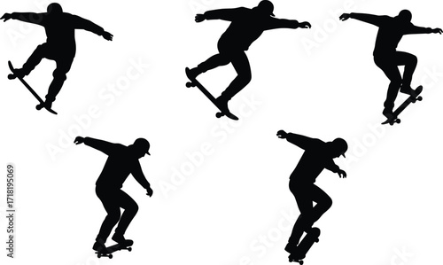 Male rollerblading silhouette collection on a white background, featuring dynamic poses and angles, perfect for athletic and active themes.