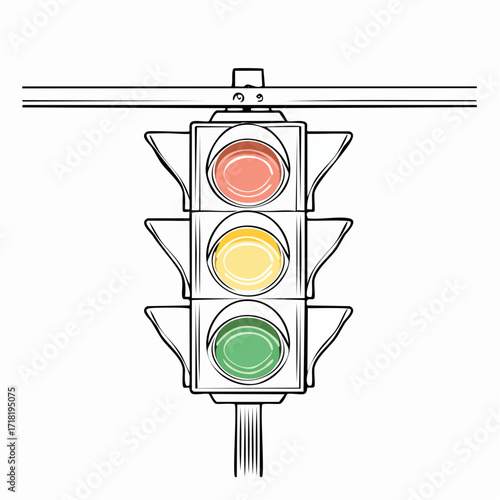 A detailed black and white sketch of a traffic light hanging from an overhead wire, showing red, yellow, and green lights.