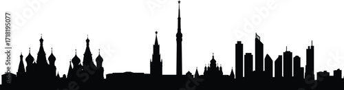 Russian city skyline silhouette, featuring onion domes, spires, modern towers, architectural contrast of historical and contemporary buildings, vector urban landscape