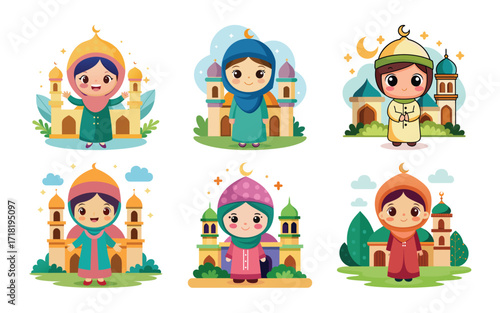 Cute Muslim Girls near Mosques Eid Illustration