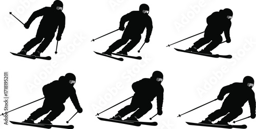 Alpine ski racer silhouette collection on a white background, including multiple ski postures and angles, ideal for winter sports themes.