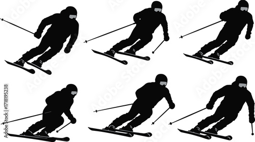 Alpine ski racer silhouette collection on a white background, including multiple ski postures and angles, ideal for winter sports themes.