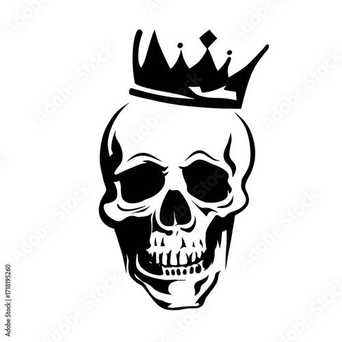 A striking black and white vector illustration of a stylized skull wearing a regal crown,