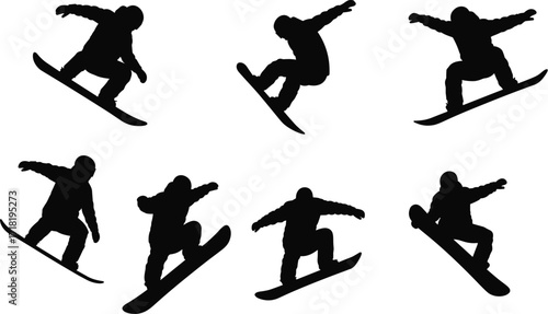 Collection of male snowboarder silhouettes performing jumps and tricks, isolated on a white background.