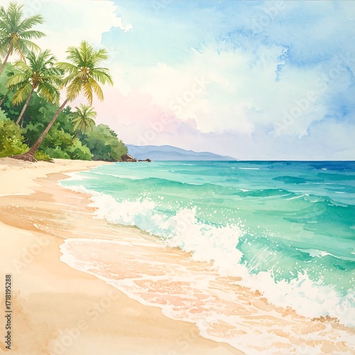 Wallpaper Mural Watercolor beach scene.  Calm ocean waves Torontodigital.ca