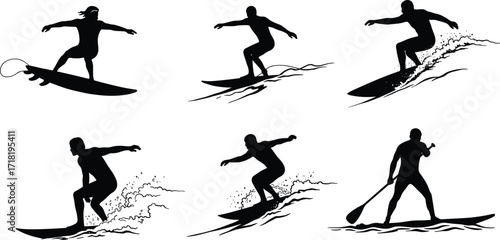 Collection of surfer silhouettes riding waves, isolated on a white background, dynamic water sports action.