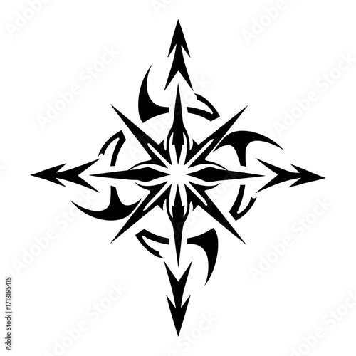 A bold geometric compass design in black and white featuring high contrast lines, minimal shading,