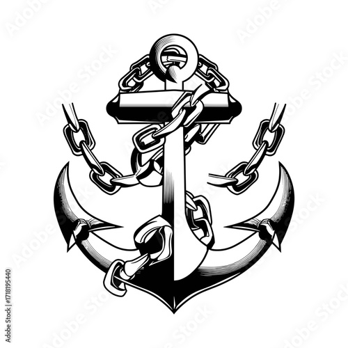 A bold black and white vector illustration of an anchor with chain tattoo design, featuring high contrast,