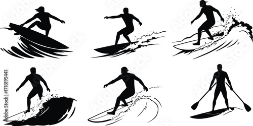 Collection of surfer silhouettes riding waves, isolated on a white background, dynamic water sports action.
