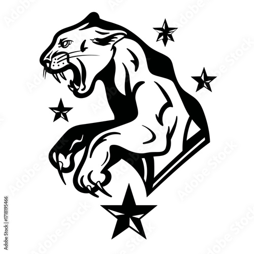 A fierce tiger roaring in black and white vector illustration,