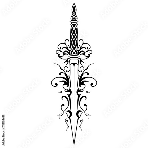 A highly stylized black and white vector illustration of an ornate dagger with intricate scrollwork, gothic design,