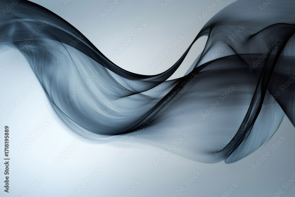 Obraz premium Dark gray abstract smoke forming a soft and elegant wave against a light blue background, creating a modern and minimalist artwork