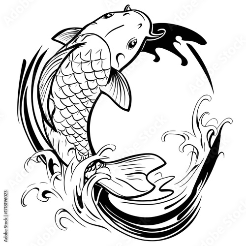 A bold monochrome vector illustration of a koi fish leaping from water with strong thick lines, dynamic ripples,