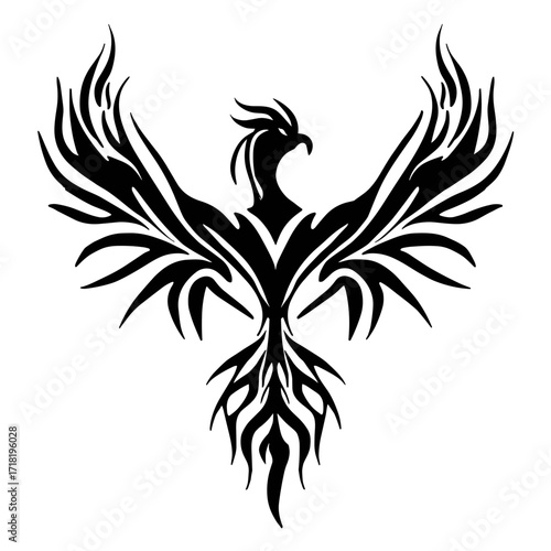 A majestic phoenix in flight, rendered in bold black and white line art with minimal shading,