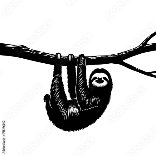 Sloth hanging upside down on branch isolated on transparent background with smile