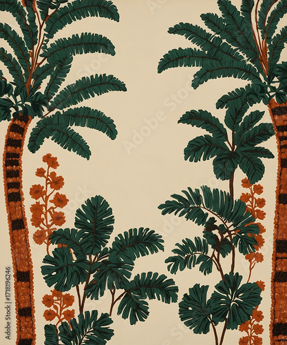 Palm trees and tropical foliage pattern on a light background