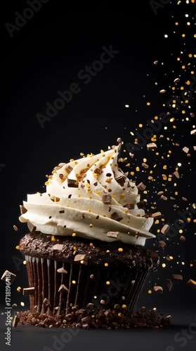 Fresh baked single chocolate muffin with crumbs flying on black background. Sweet dark cupcake falling with vanilla frosting mid-air falls. Crumbs and chocolate shards fly with golden sprinkles.
