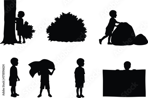 Child silhouette hiding behind tree, bush, rock, blanket, and sign, playful concealment poses, childhood imagination, outdoor hiding activities illustration