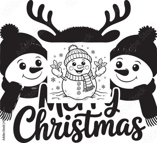 Cartoon christmas scene with snowmen reindeer antlers and a coloring page illustration