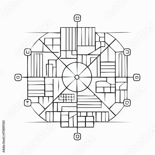 Abstract circular city plan with radial symmetry and geometric patterns.