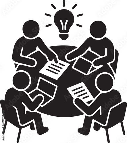 Team Brainstorming Silhouette at Round Table with Papers and Laptops for Modern Creative Office Collaboration Vector