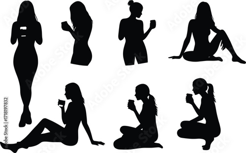 Drinking silhouette, holding cup, sitting pose, standing pose, relaxing with beverage, coffee tea drinker, lifestyle concept, leisure, mindfulness, refreshment