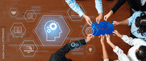 фотографія A dynamic team collaborates to solve challenges through puzzle pieces, symbolizing unity and innovation in a modern workplace
