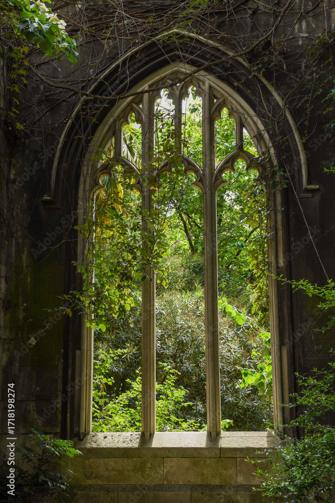 Obraz premium Abandoned St Dunstan in the East Church, featuring a gothic window surrounded by overgrown plants, showcasing a blend of architecture and nature.