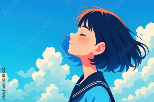 青空と雲を背景にリラックスした表情の若い女性のアニメイラスト