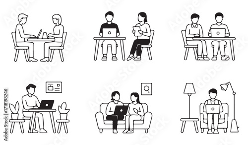 Remote work and study outline icons set with laptops and coworking scenes