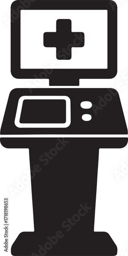 Telehealth Kiosk Silhouette with Medical Cross Icon for Digital Health Station Vector Illustration