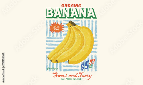 Banana retro art. Nature fruit club print design. Organic food artwork for for t shirt and poster. Fruits of the spirit.