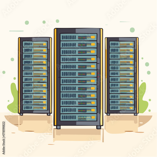 Illustration of three server racks with multiple servers installed in a data center.