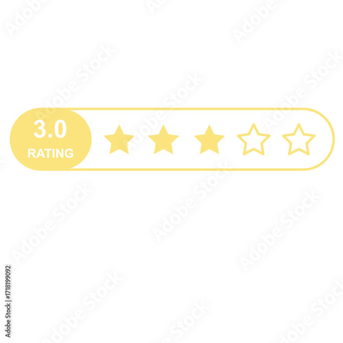 Flat yellow five star rating system icon with 3.0 score in box layout, customer feedback quality evaluation bar UI template, vector symbol isolated on transparent background, digital review platforms