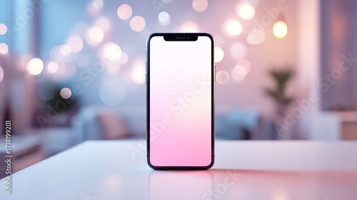 Modern smartphone with a blank screen on a table, set against a blurred background of soft lights and a cozy interior scene