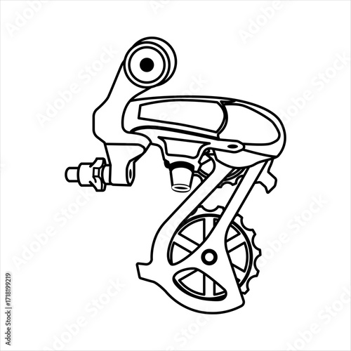 Rear derailleur isolated on white background, black color. Derailleur bicycle rear speed folding. Realistic derailleur bicycle rear speed folding. Vector icon.