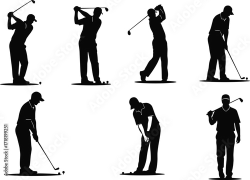 Golf silhouette, golfer swing, putting stance, sports activity, outdoor recreation, athletic motion, vector illustration, black design, professional training, game performance
